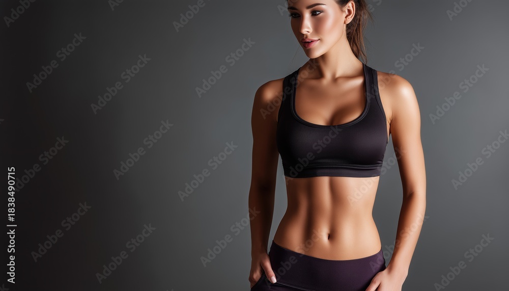 Obraz premium Young Woman With A Slim Body Practicing Fitness In A Studio. She Is Surrounded By Equipment And Is Focused On Her Workout Routine.
