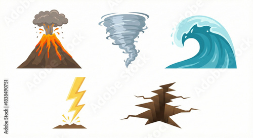 Natural Disaster Icons Representing Cataclysmic Events and Environmental Phenomena