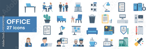"Office and Business Icons: 27-Icon Vector Collection Representing Workplace, Administration, Corporate Life, Meetings, Personnel, and Professional Services"
