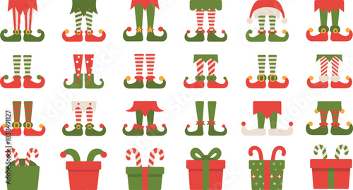 Cartoon Christmas bundle with elf legs, festive shoes, candy canes, and gift boxes for holiday decoration and design themes.