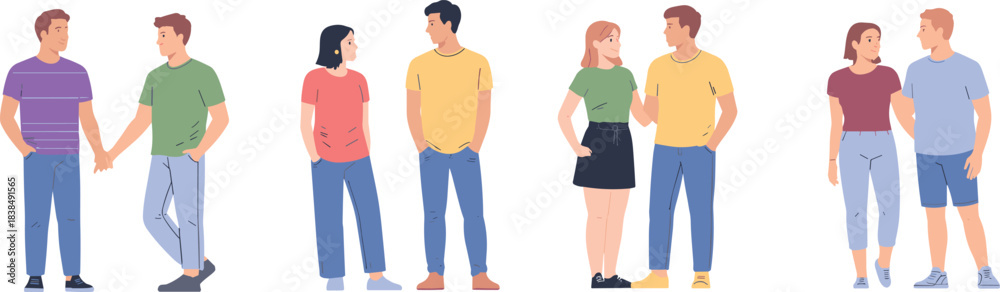 Fototapeta premium Cartoon couple character set with diverse outfits and interactions for relationship, lifestyle, and social illustration themes.