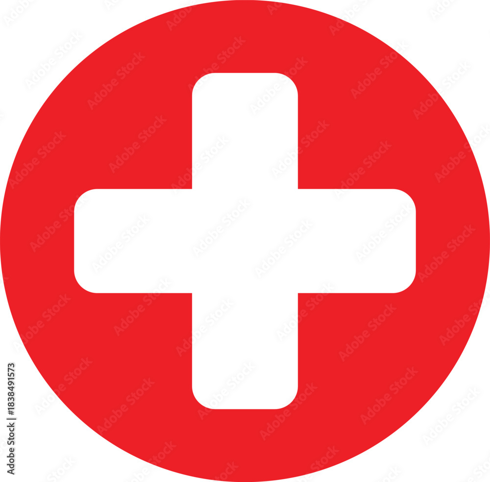 Fototapeta premium Red circle with white cross symbol on white background Keywords: cross, plus, medical, health