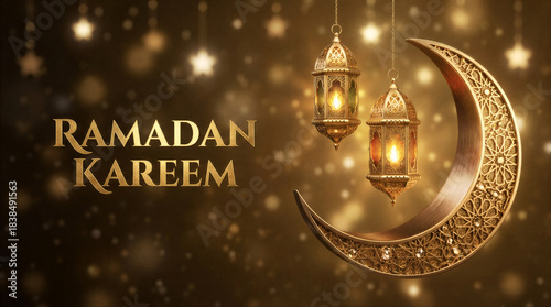 3D render of a Ramadan Kareem greeting card or banner, featuring a rich, warm, and luxurious aesthetic