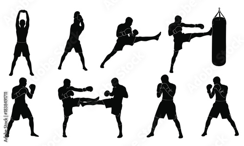 Karate Technique Vector Set  Multiple Action Silhouettes Kick, Punch, Jump Poses Vector
