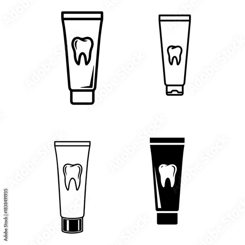 Toothpaste Tube with  Tooth Icon silhouette set