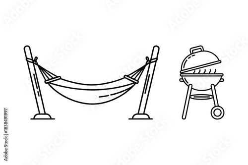 Outdoor relaxation and grilling essentials line art