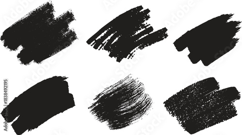 Six Black Paint Brush Stroke Textures on White Background