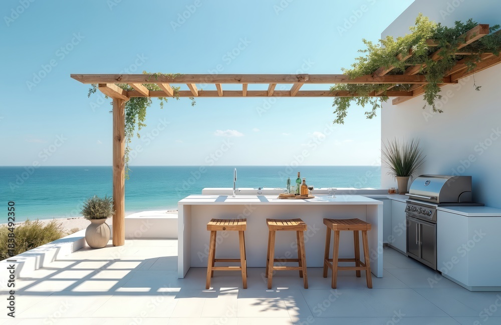 Obraz premium Modern outdoor kitchen setup on sunny sea beach with white counter bar grill and wooden stools. Offers clear ocean view perfect for resort dining or summer party.