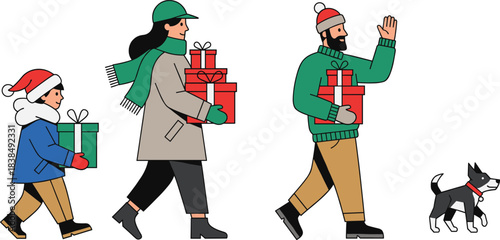 Cartoon winter holiday scene with family, dog, and gift boxes for festive Christmas, lifestyle, and celebration themes.