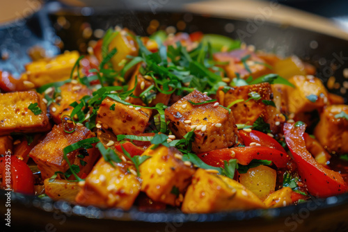 Stir-fried tofu and vegetables in a flavorful sauce, perfect for a healthy and delicious vegetarian meal.