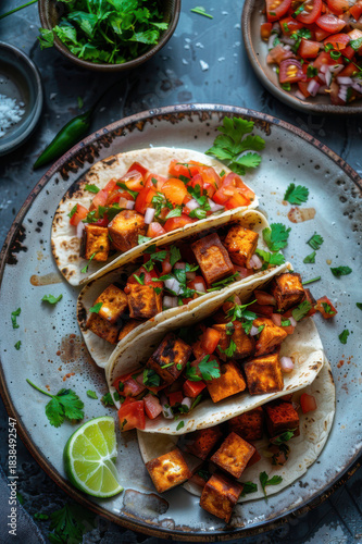 Delicious tofu tacos topped with fresh tomato salsa and cilantro, served on a ceramic plate with lime wedges.