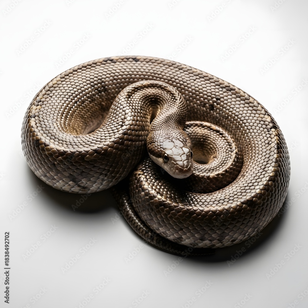 Obraz premium Intricate close-up of a curled serpent with detailed scales, showcasing its reptilian beauty and the fascinating patterns of its skin, on a white surface