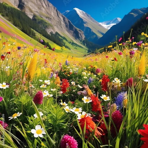 Vibrant 4K Wallpaper of Flower-Filled Valley with Colorful Grasses, Towering Mountains in Background, Cheerful and Lively Atmosphere, Brightening Scenic High-Resolution Landscape