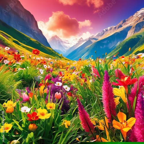 Vibrant 4K Wallpaper of Flower-Filled Valley with Colorful Grasses, Towering Mountains in Background, Cheerful and Lively Atmosphere, Brightening Scenic High-Resolution Landscape