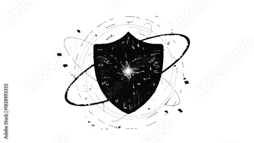 Abstract digital shield symbol representing cybersecurity and data protection in a futuristic design.