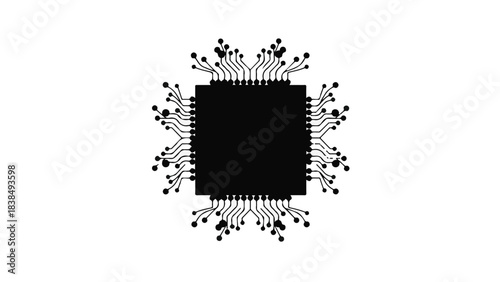 Abstract illustration of a central processing unit with radiating circuits on a white background
