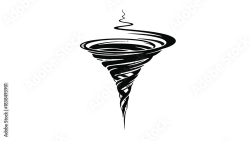 Abstract swirling vortex of black ink on a white background, representing powerful energy and chaos.