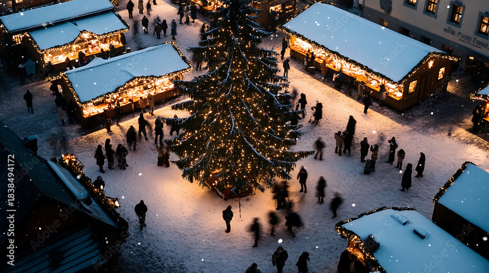 Obraz premium Capture the magic of a snowy Christmas market from above! A bustling hub of festivity, adorned with a towering tree, illuminated stalls, and joyful crowds in a winter wonderland.