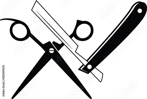 Crossed Barber Scissors and Straight Razor on White Background