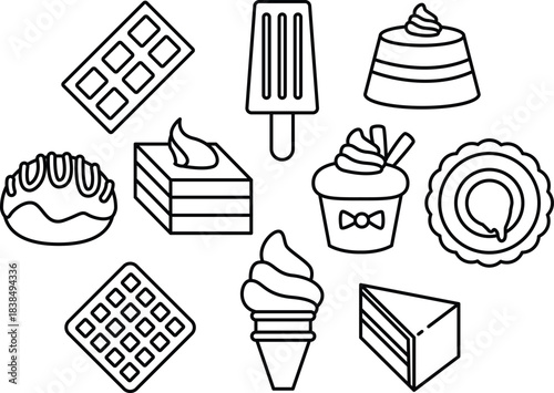 Delicious Desserts and Baked Goods Icons Outline Set