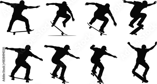 Skateboarder silhouettes performing tricks and jumps isolated on white background representing extreme sports urban culture freedom energy and action