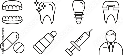 Dental Care and Medical Treatment Icons Outline Set