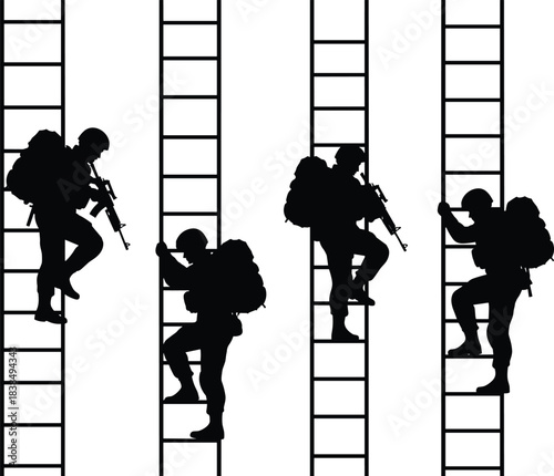 Soldier silhouettes climbing ladders with weapons isolated on white background representing military training tactical operation combat readiness and teamwork
