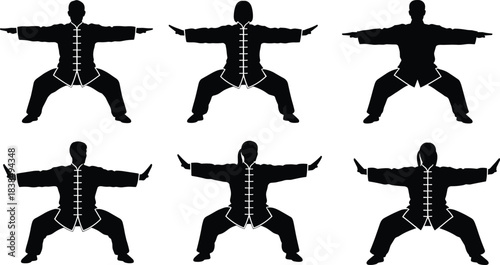 Tai chi martial arts silhouettes demonstrating traditional kung fu stances isolated on white background for meditation fitness training and balance