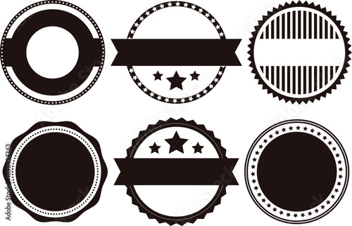 Set of Six Black Circular Badges and Seals on White