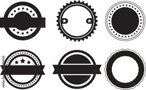 Six Black and White Circular Badges with Stars and Ribbons