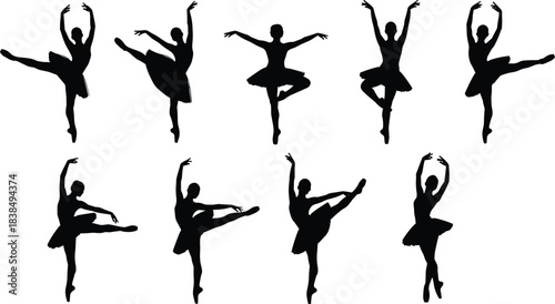 Ballet dancer silhouettes performing elegant classical dance poses isolated on white background showcasing grace flexibility balance movement and artistic expression