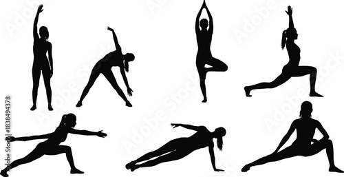 Yoga pose silhouettes showing flexibility strength balance and mindfulness isolated on white background for fitness meditation wellness and healthy lifestyle