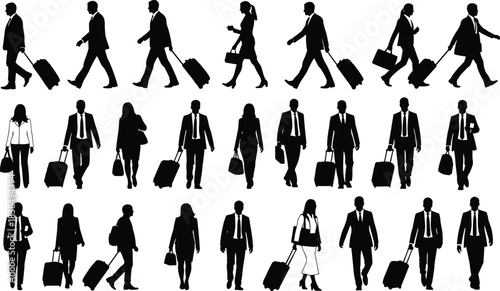 Business traveler silhouettes walking with luggage, professional men women commuting concept, airport travel people icons isolated white background illustration set