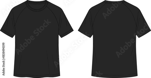 Blank black t shirt front and back view mockup, short sleeve apparel template isolated white background illustration vector fashion design
