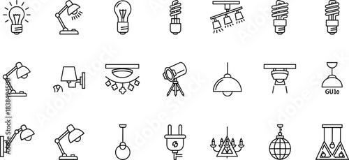 Lighting icons set with lamps and bulbs, modern home illumination symbols, outline style collection isolated on white background illustration