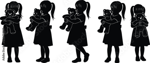 Little girl silhouettes holding teddy bear toys isolated on white background representing childhood innocence love comfort playfulness and emotional attachment