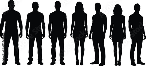 Men and women standing silhouettes front view, human body shapes people icons isolated on white background illustration set