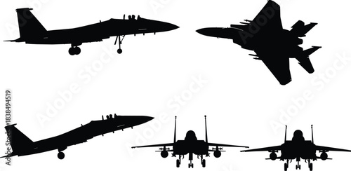 Military fighter jet silhouettes set in multiple angles, modern combat aircraft aviation icons isolated on white background illustration