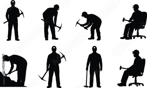 Miner worker silhouettes using pickaxe and tools isolated on white background representing mining industry labor profession safety and hard work