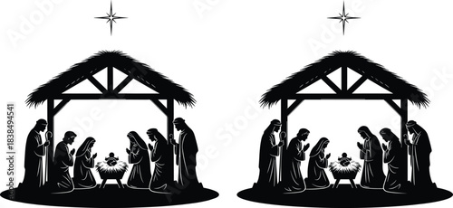 Nativity scene silhouettes of holy family with baby Jesus, Christmas religious illustration isolated on white background, vector art design set