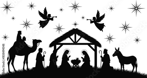 Nativity scene silhouettes with angels and starry sky, birth of Jesus Christmas religious illustration isolated on white background