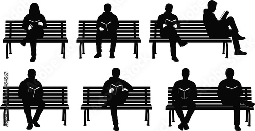 People silhouettes reading books while sitting on park benches isolated on white background representing education literacy leisure and relaxation