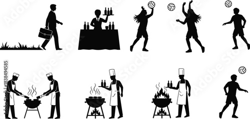 People silhouettes showing work leisure cooking sports and service activities isolated on white background representing daily life professions and hobbies