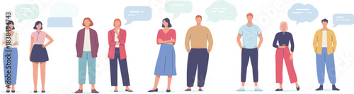 Collection of diverse people standing with speech bubbles, illustrating communication, conversation, social interaction, and modern character design for community, teamwork, and dialogue concepts.