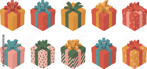 Colorful festive gift boxes collection with decorative ribbons and patterns, perfect for holiday celebrations, Christmas packaging designs, seasonal greetings, and cheerful festive illustrations.