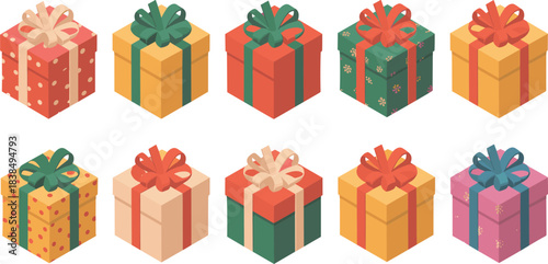 Colorful Gift Boxes with Bows and Patterns for Celebrations, Birthdays, Holidays, and Festive Occasions – Decorative Wrapping and Ribbon Styles