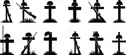 Fallen soldier battlefield memorial silhouettes with rifle, helmet, and cross tributes honoring military service, sacrifice, remembrance, and patriotic respect in war commemorations