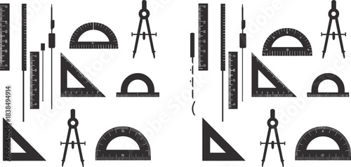 Drafting Tool Silhouette Set – Black Vector Icons of Rulers, Compasses, Protractors, Triangles, and Dividers for Geometry and Technical Drawing
