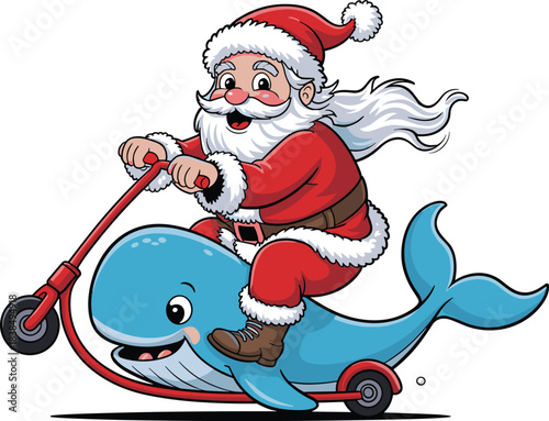 Funny cartoon Santa Claus riding a cheerful whale scooter, perfect for Christmas illustrations, holiday greeting cards, festive children’s artwork, winter characters, and playful seasonal designs.