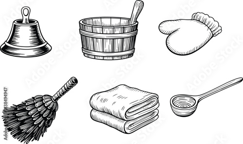 Hand-drawn sauna accessories set featuring bucket, ladle, towel, broom, bell, and mitt illustrations for bathhouse, spa, wellness, and relaxation themes